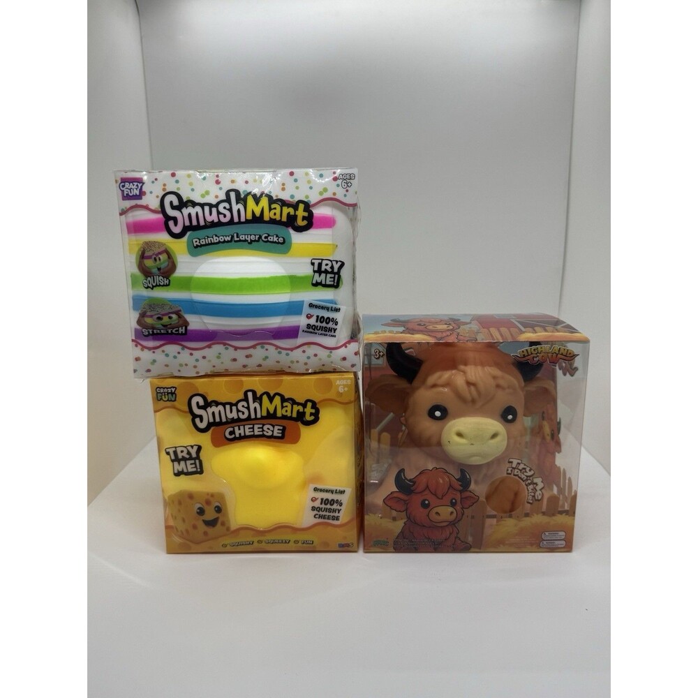 Crazy Fun Smush Mart Rainbow Cake, Cheese, Highland Cow Squishy Sensory Toy